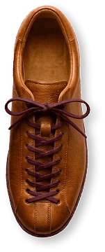 Top view of a tan leather Kaalcari derby with burgundy laces