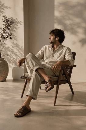A man seated in a cane chair wearing leather sandals